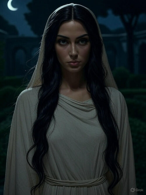 フード付きのローブを着たリリスのイメージ。このイラストは、リリス(ユダヤ神話)の神秘的で神聖な雰囲気を表現しています。背景の三日月と暗い庭園が、彼女の夜や闇との関連性を強調しているのが特徴です。